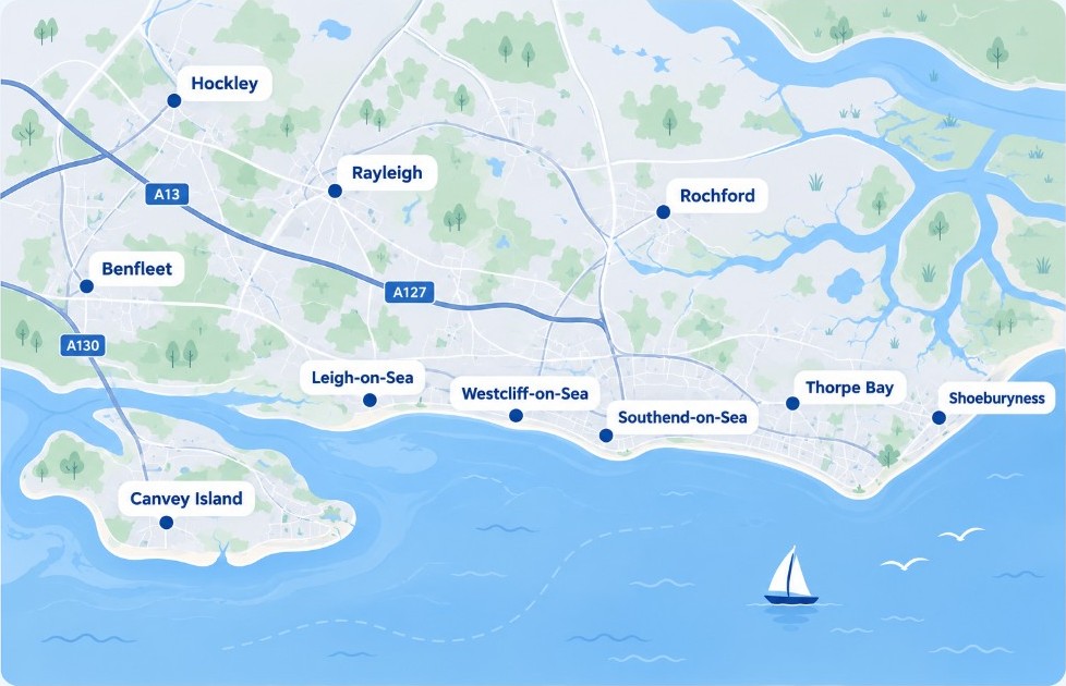 Map of Southend-on-Sea and the surrounding towns in south-east Essex